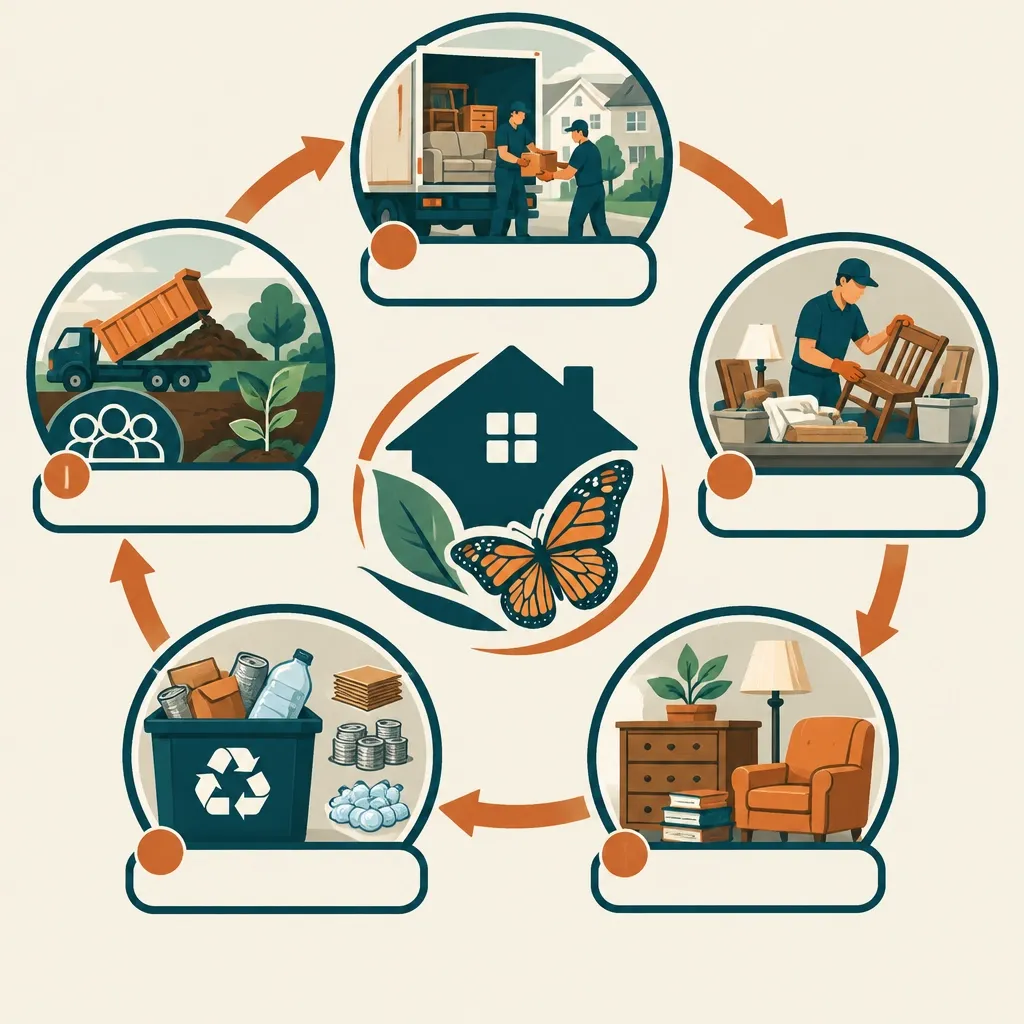 Illustrated circular process showing goods moving from cleanout to reuse and recycling
