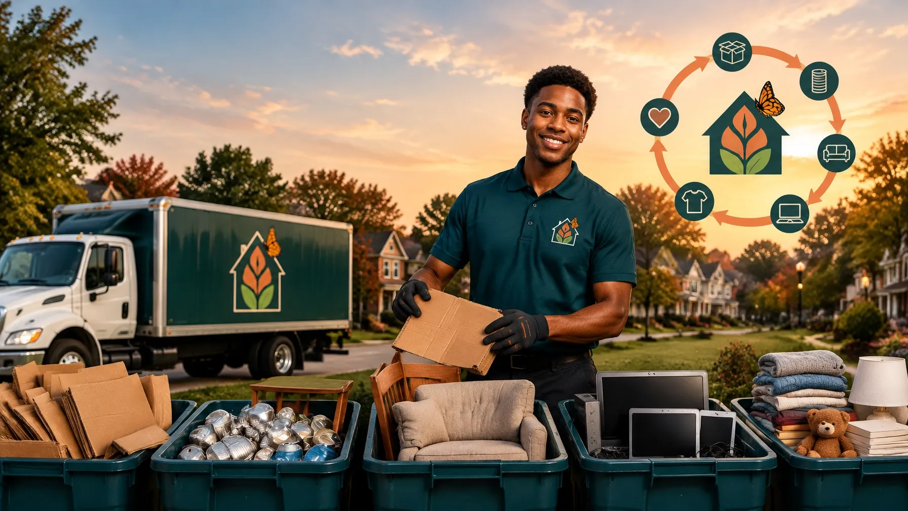 MLG crew member sorting reusable goods beside a branded truck