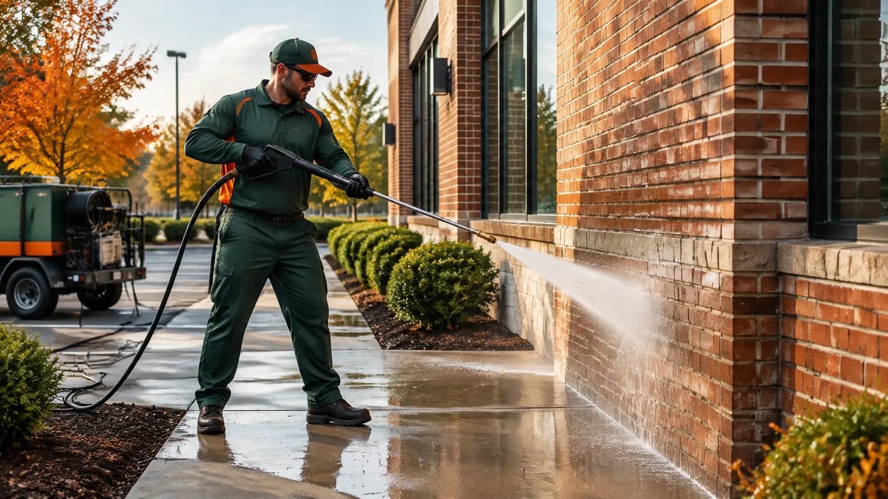 Uniformed technician pressure washing a commercial brick facade and concrete walkway