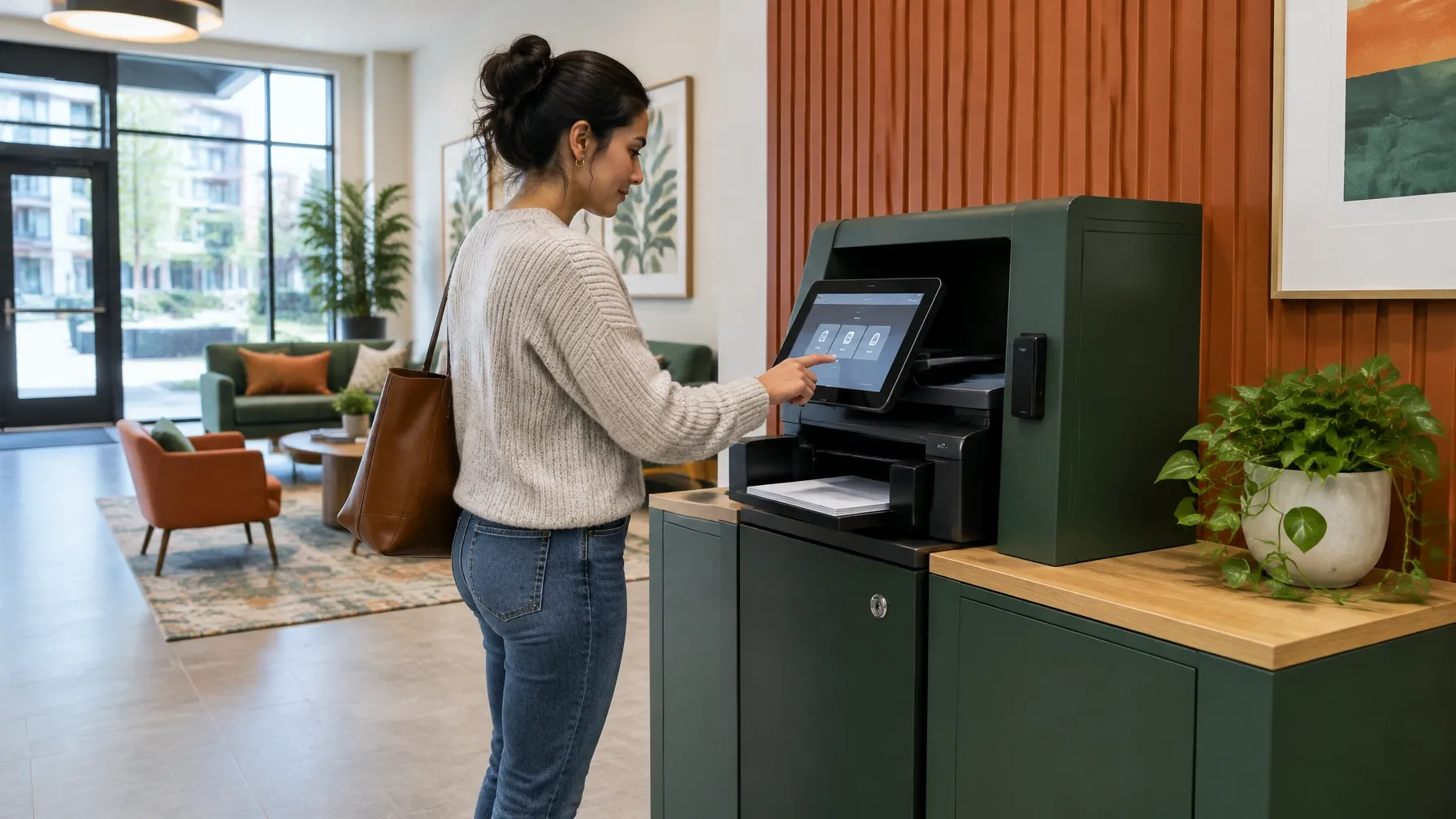 Resident using a secure self-service printing kiosk in a bright community lobby